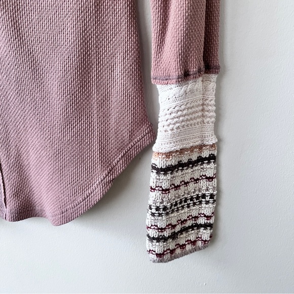 Free People Boho Tan Alpine Ski Lodge Thermal Knit Cuff Newbie Henley Size L - Picture 5 of 11